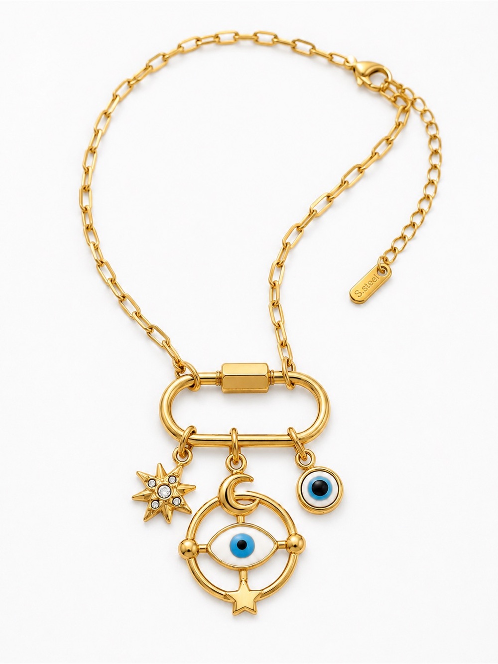 Gold Plated Stainless Steel Evil Eye Charm Necklace on Carabiner New - Picture 3 of 3